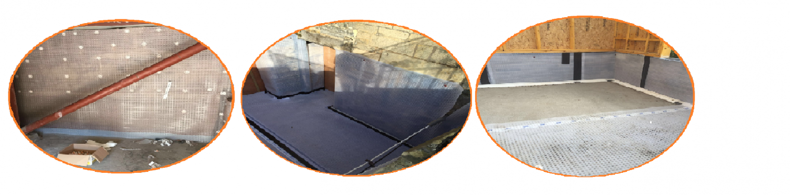 basement waterproofing system in 3 circular images